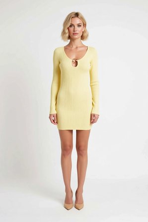 Kadın Uzun Kollu Bodycon Midi Plaj Elbisesi Balıkçı Yaka Detaylı Triko Kumaş L Beden Günlük Rahat