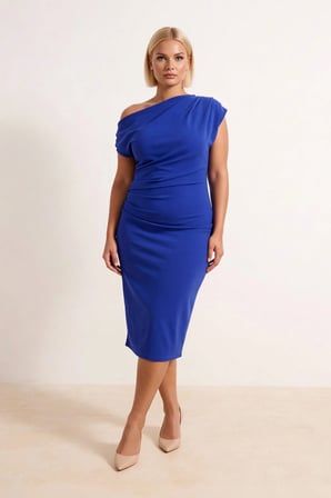 Kadın Büyük Beden Asimetrik Yaka Kolsuz Midi Bodycon Örme Elbise Krep Kumaş Günlük Rahat Modern