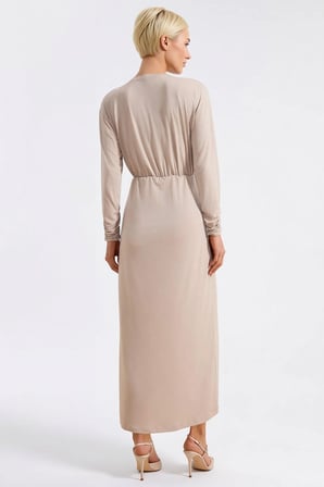 Kadın Maxi Elbise Bodycon Kayık Yaka Uzun Kol Örme Sandy Kumaş Düz Astarsız Kesim Tam Boy