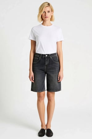 Kadın Yüksek Bel Bermuda Düz Denim Boru Paça Kısa Boy Rigid Dokuma Yaz Sezonu Modern