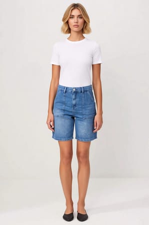 Kadın Şort Denim Yüksek Bel City Kalıp Az Esnek Boru Paça Düz Desen Kısa Boy Comfort Dokuma