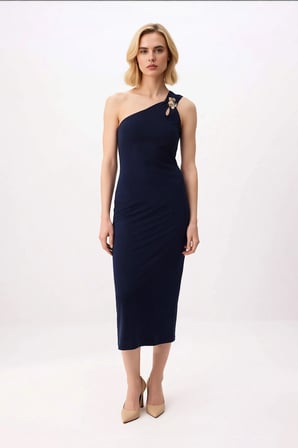 Kadın Asimetrik Yaka Tek Omuz Bodycon Midi Elbise Aksesuar Detaylı Esnek Örme Kumaş Günlük Rahat