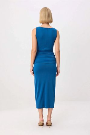 Kadın Kolsuz Balıkçı Yaka Bodycon Maxi Elbise Astarlı Micro Dokuma Yandan Yırtmaçlı Günlük Rahat