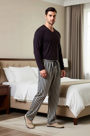 Erkek Büyük Beden V Yaka Standart Kol Uzun Kol Örme Çizgili Pijama Takımı Rahat %100 Pamuk