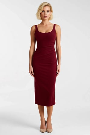 Kadın Bodycon Midi Elbise Havuz Yaka Kolsuz Düz Desen Örme Scuba Krep Astarsız Fonksiyonel