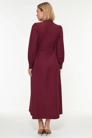 Kadın Maxi Tesettür Elbisesi Dik Yaka Uzun Kol Kuşaklı Terrycotton Dokuma Rahat Kesim Günlük Modern