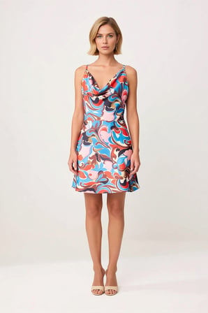 Kadın Kolsuz Degaje Yaka A-Line Mini Saten Elbise Puantiyeli Desen Rahat Kesim Günlük Modern Şık
