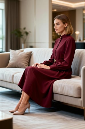 Kadın Maxi Tesettür Elbisesi Dik Yaka Uzun Kol Kuşaklı Terrycotton Dokuma Rahat Kesim Günlük Modern