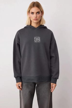 Kadın Kapüşonlu Düşük Kol Geometrik Desenli Oversize Örme Sweatshirt Fonksiyonel Dayanıklı
