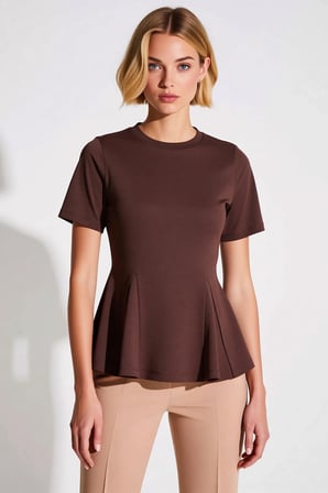 Kadın Bluz Peplum Bisiklet Yaka Standart Kısa Kol Örme Kumaş Süprem Dokuma Düz Desen Regular