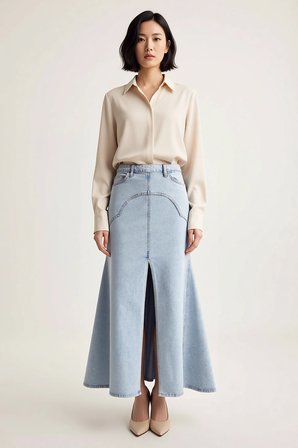 Kadın Maxi Denim Etek Yüksek Bel Yırtmaçlı Uzun Kesim %99 Pamuk Konforlu Rahat Günlük Modern Şık