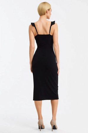 Kadın Maxi Bodycon V Yaka Kolsuz Volanlı Askılı Astarlı Esnek Örme Elbise Günlük Rahat Modern Şık