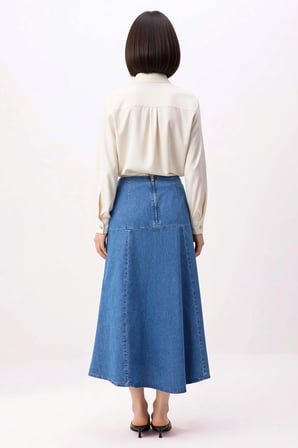 Kadın A-Line Midi Denim Etek Dikiş Detaylı %100 Pamuk Dökümlü Kesim Rahat Günlük Modern Şık Konforlu