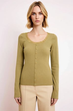Kadın Bluz Fitted Crop Havuz Yaka Uzun Kol Fitilli Örme Kaşkorse Dokuma Dantel Detaylı Astarsız