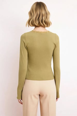 Kadın Bluz Fitted Crop Havuz Yaka Uzun Kol Fitilli Örme Kaşkorse Dokuma Dantel Detaylı Astarsız