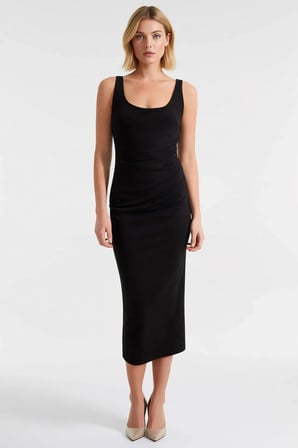 Kadın Bodycon Midi Elbise Havuz Yaka Kolsuz Düz Desen Örme Scuba Krep Astarsız Fonksiyonel