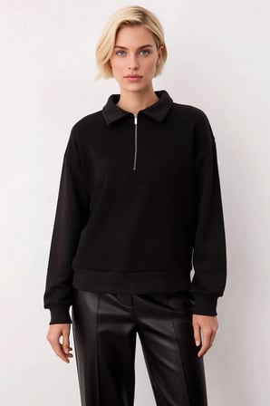 Kadın Polo Yaka Düşük Kol Fermuarlı Regular Kalıp Örme Sweatshirt Fonksiyonel Dayanıklı Şık