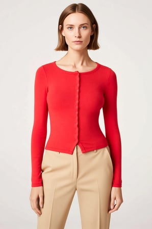 Kadın Bluz Bisiklet Yaka Uzun Kol Fitted Kalıp Örme Kumaş Çıtçıt Detaylı Crop Kesim Düz Desenli