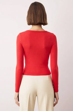 Kadın Bluz Bisiklet Yaka Uzun Kol Fitted Kalıp Örme Kumaş Çıtçıt Detaylı Crop Kesim Düz Desenli