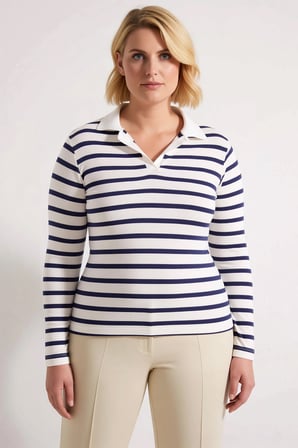 Kadın Büyük Beden Bluz Polo Yaka Standart Kol Çizgili Örme Esnek Dar Kalıp Süprem Dokulu Crop Boy