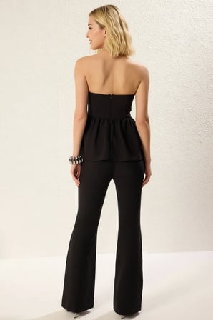 Kadın Straplez Düğmeli Peplum Bluz Flare Pantolon Dokuma İki Parça Takım Astarlı Günlük Rahat Modern