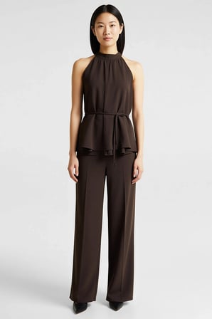 Kadın Büyük Beden Kolsuz Oversize Bluz Pantolonlu İkili Takım Beli Kuşaklı Geniş Paça Günlük Rahat