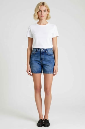 Kadın Şort Yüksek Bel Boru Paça Düz Desen Rigid Dokuma Kısa Boy Açık Karışımlı Denim
