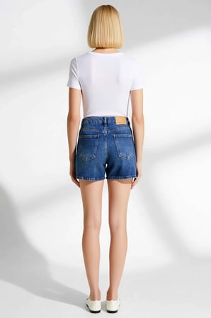 Kadın Şort Yüksek Bel Boru Paça Düz Desen Rigid Dokuma Kısa Boy Açık Karışımlı Denim