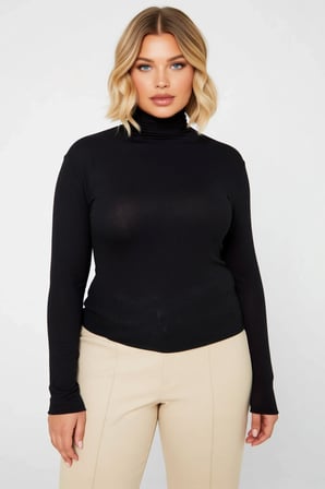 Kadın Büyük Beden Bluz Dik Yaka Uzun Kol Örme Fake Triko Transparan Ultra Hafif Düz Fitted