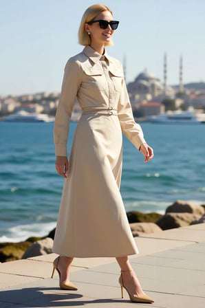 Kadın Tesettür Maxi Elbise Gömlek Yaka Uzun Kol Skater Kesim Çift Tokalı Kemerli Terrycotton Günlük
