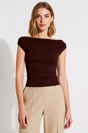 Kadın Bluz Carmen Yaka Kolsuz Fitted Vücuda Oturan Düz Esnek Örme Kalın Sandy Kumaş Modern