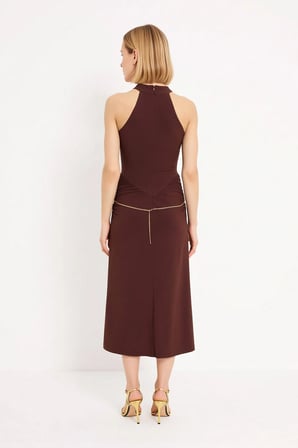 Kadın Halter Yaka Kolsuz Bodycon Midi Elbise Zincir Aksesuar Detaylı Örme Gece Kıyafeti Günlük Rahat