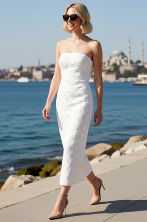Kadın Straplez Kolsuz Çiçekli Payet Dokuma Maxi Elbise Bodycon Kesim Astarsız Zarif Günlük Rahat