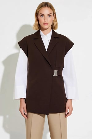 Kadın Ceket Yaka Dokuma Kumaş Kruvaze Oversize Yelek Toka Detaylı Astarlı Regular Boy Büyük Beden