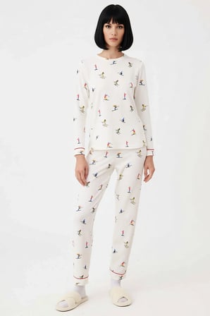 Kadın Bisiklet Yaka Uzun Kol Regular Kalıp Waffle Örme Pijama Takımı Fonksiyonel Dayanıklı