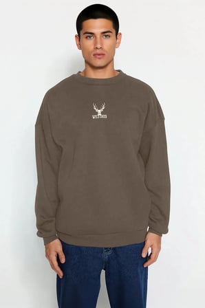 Erkek Bisiklet Yaka Standart Kol Oversize Kalıp Hayvan Desenli Sweatshirt Fonksiyonel Spor