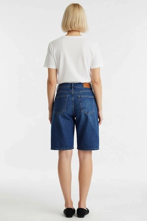 Kadın Yüksek Bel Geniş Paça Denim Bermuda Düz Desen Rigid Dokuma Relaxed Siluet Kısa Boy