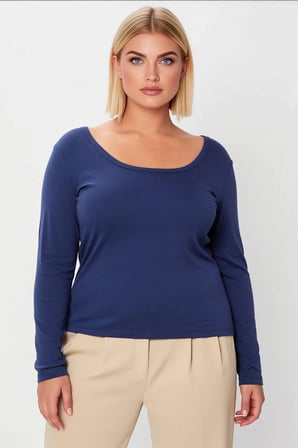Kadın Büyük Beden Bluz U Yaka Uzun Kol Fitted Kalıp Düz Desen Örme Kumaş Regular Boy