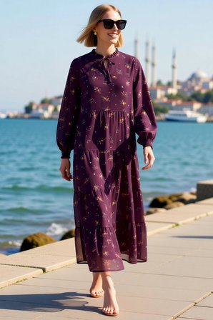Kadın Maxi Şifon Elbise Uzun Balon Kollu Dik Yaka Çiçek Desenli Astarlı Rahat Kesim Günlük Modern