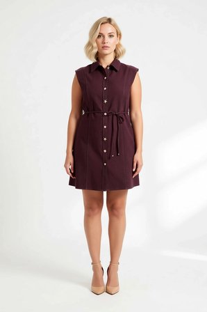 Kadın Büyük Beden Kolsuz Gömlek Yaka A-Line Mini Elbise Terrycotton Kumaş Rahat Kesim Günlük Modern