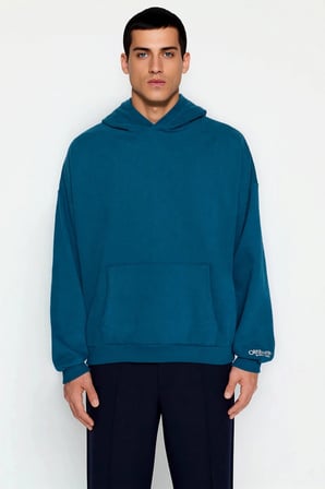 Erkek Kapüşonlu Standart Kol Oversize Kalıp Slogan Desenli Sweatshirt Fonksiyonel Kaliteli