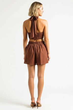 Kadın Dokuma Halter Yaka Bağlamalı Crop Top Mini Etek Takım Plaj Kombinleri Günlük Rahat Modern