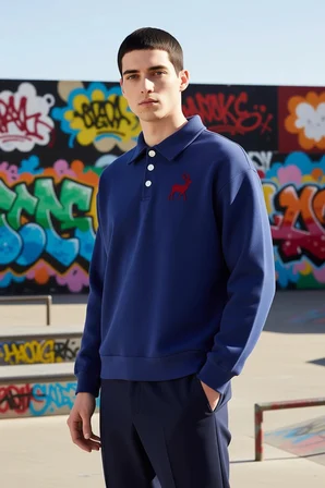 Erkek Polo Yaka Standart Kol Oversize Kalıp Sweatshirt Fonksiyonel Dayanıklı Kaliteli Spor