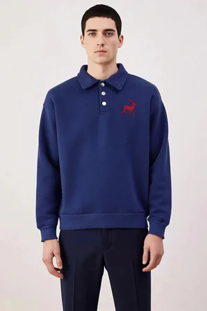 Erkek Polo Yaka Standart Kol Oversize Kalıp Sweatshirt Fonksiyonel Dayanıklı Kaliteli Spor