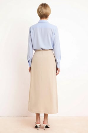 Kadın Maxi Etek Pile Detaylı Dokuma Poplin Kumaş Sarong Kesim Cepli Astarsız Günlük Rahat Modern