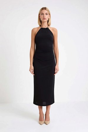 Kadın Halter Yaka Bodycon Midi Elbise İnce Askılı Astarsız Sandy Dokulu Zarif Kesim Günlük Rahat
