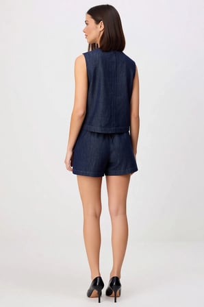 Kadın Büyük Beden Kolsuz Bisiklet Yaka Denim Şort Bluz Takımı %100 Pamuk Rahat Kesim Günlük Modern