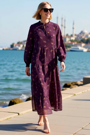 Kadın Maxi Şifon Elbise Uzun Balon Kollu Dik Yaka Çiçek Desenli Astarlı Rahat Kesim Günlük Modern