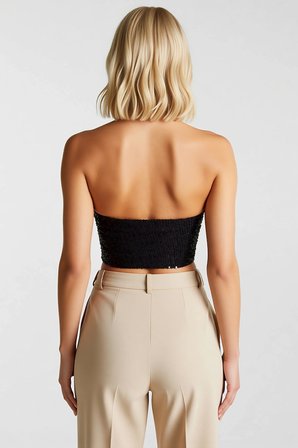 Kadın Bluz Crop Kare Yaka Kolsuz Bedene Oturan Örme Payet Dokuma Kısa Kesim Düz Desen Fermuarlı Üst