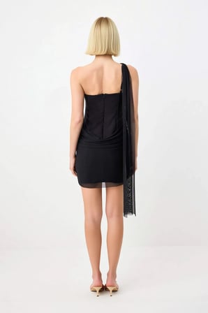 Kadın Straplez Kolsuz Mini Elbise Tül Detaylı Bodycon Kesim Dokuma Astarsız Yaz Günlük Rahat Modern